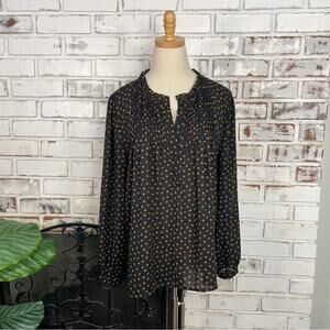 Adrianna Papell Black Tan Heart Long Sleeve Pleated Ruffle Mock Neck Top Blouse